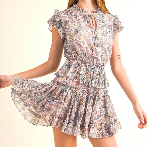 RESET by Jane Floral Shimmer Ruffle Flutter Sleeve High Low Mini Dress S - Picture 10 of 12